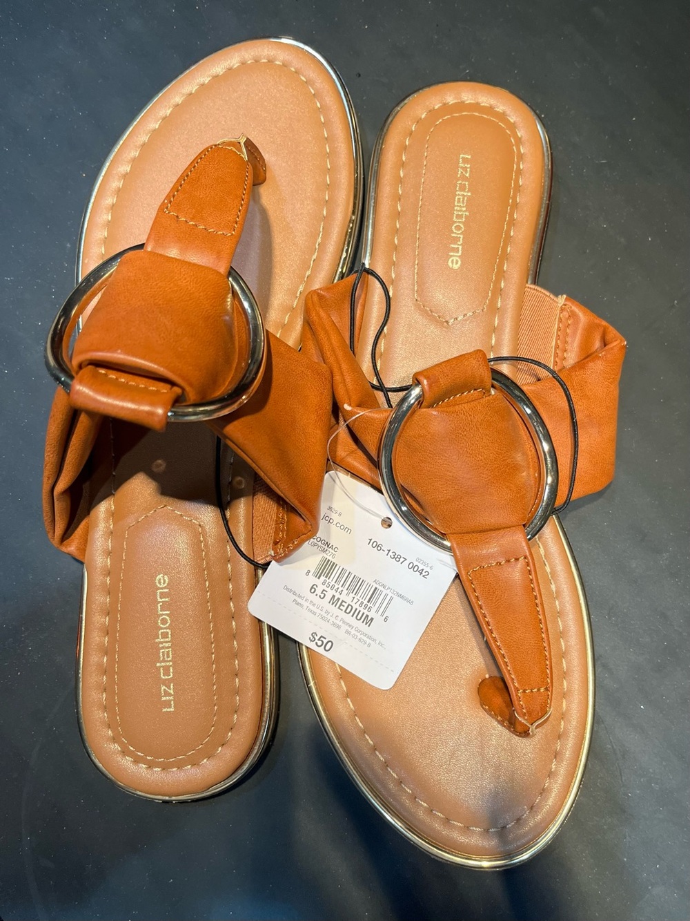 Liz Claiborne Orange-Tan Ring-Accent Thong Sandals